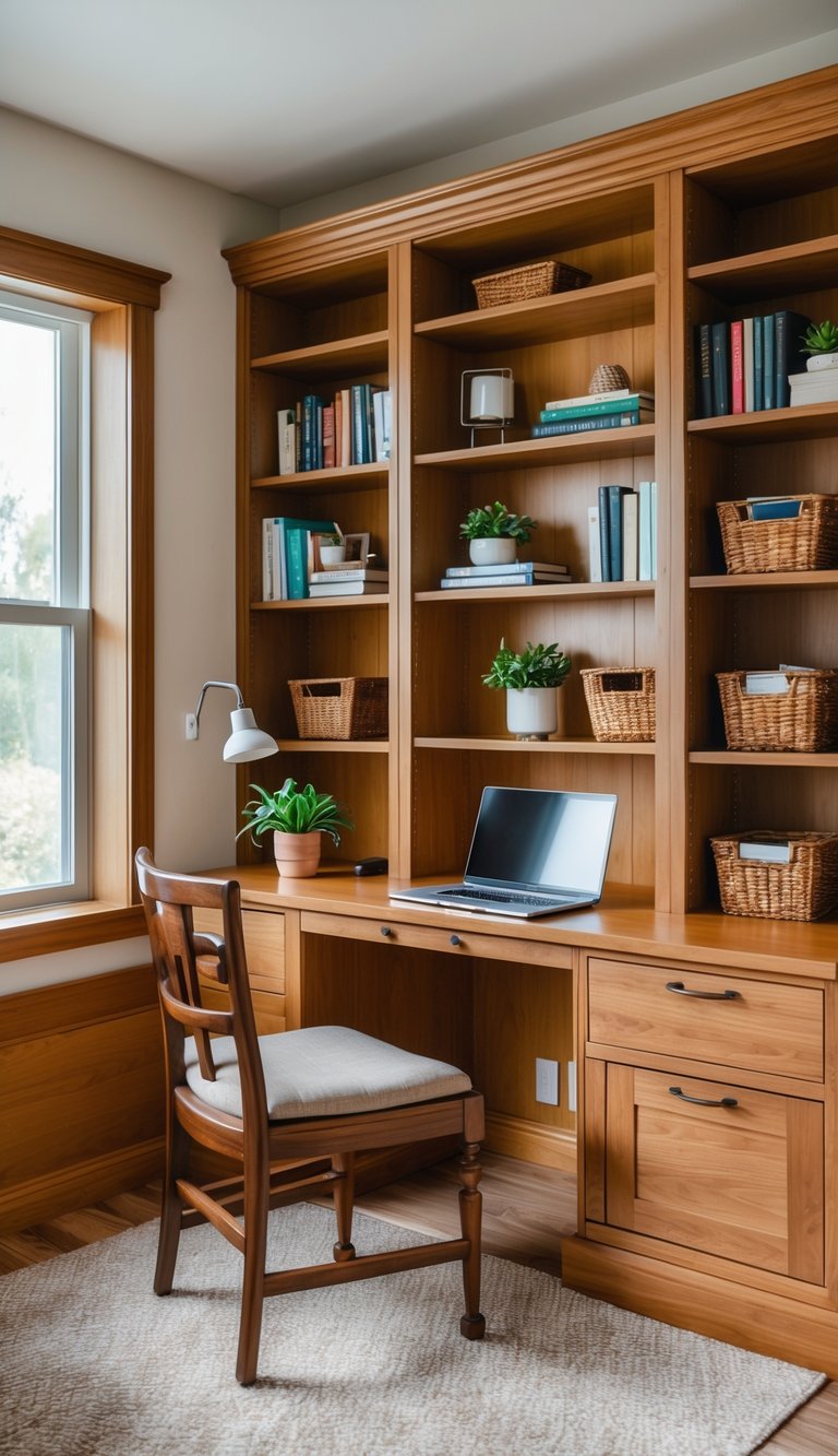 A small home office with wooden built-in shelves and cabinets, a vintage wooden chair, and a desk with a laptop and plant.
