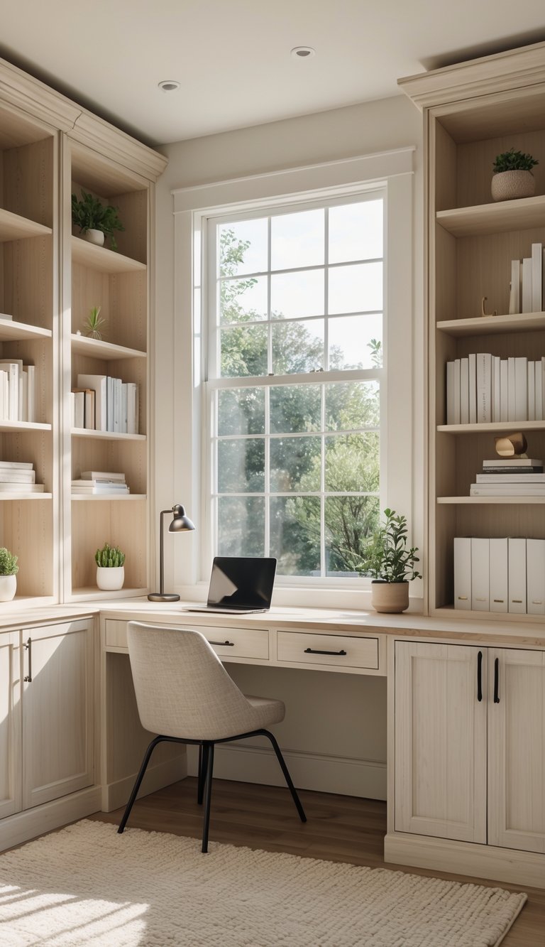A small home office with built-in bookcases framing a window desk, featuring books, a laptop, and a potted plant.
