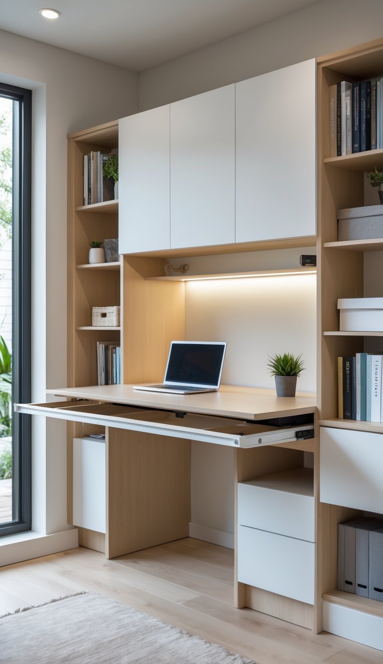A small home office with a built-in desk featuring a fold-away workspace, shelves with books and decorations, and a laptop on the desk.