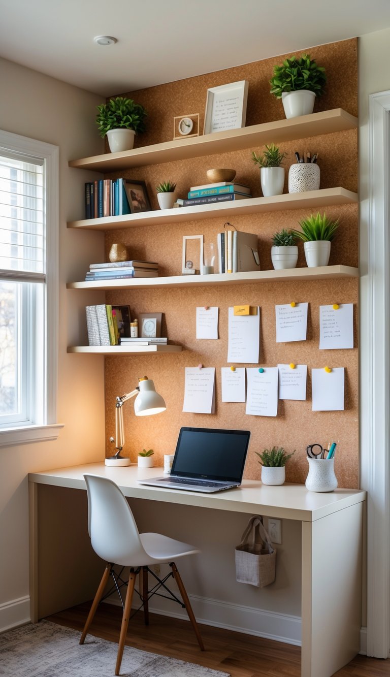 A small home office with built-in floating shelves combined with a corkboard wall, a desk with a laptop, and office supplies.