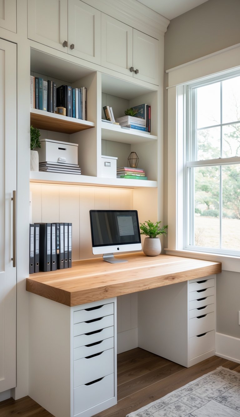 A small home office with a custom built-in desk and filing drawers surrounded by shelves and cabinets filled with books and office supplies.