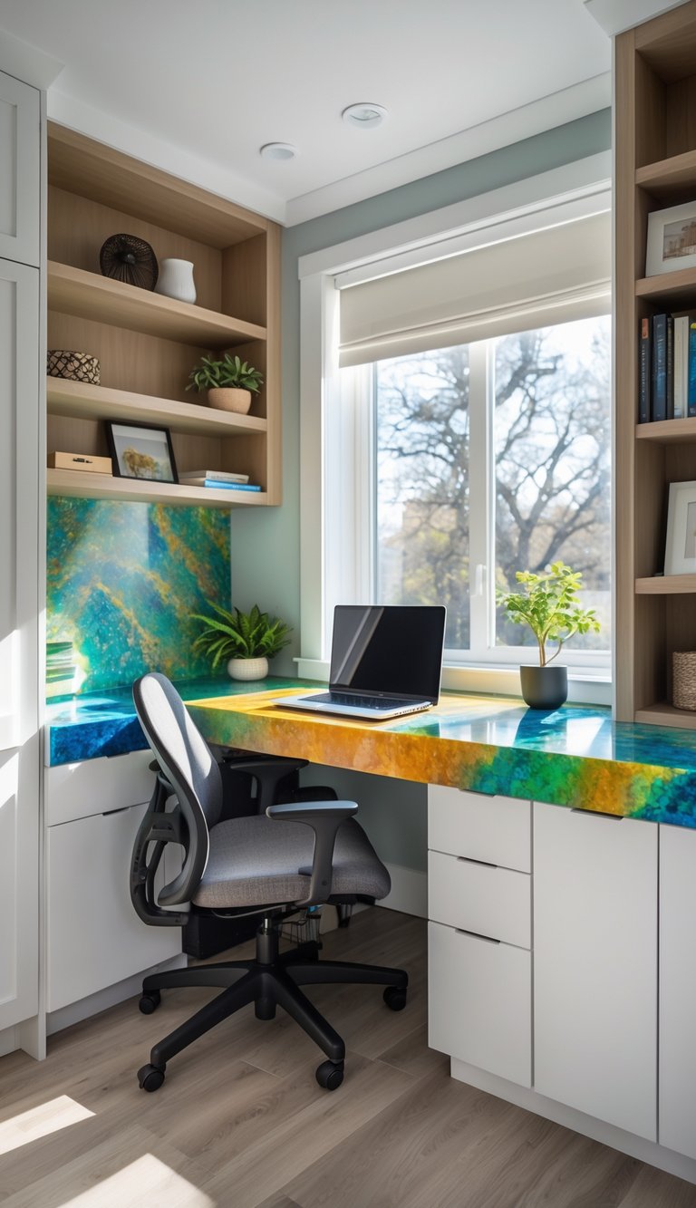 A small home office with a built-in desk featuring a colorful countertop, surrounded by shelves and storage, with a laptop and chair in the workspace.