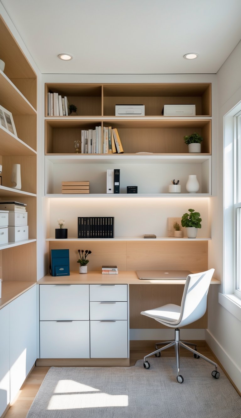 Small home office with built-in cabinets featuring open shelves and closed storage, a desk, and a chair.