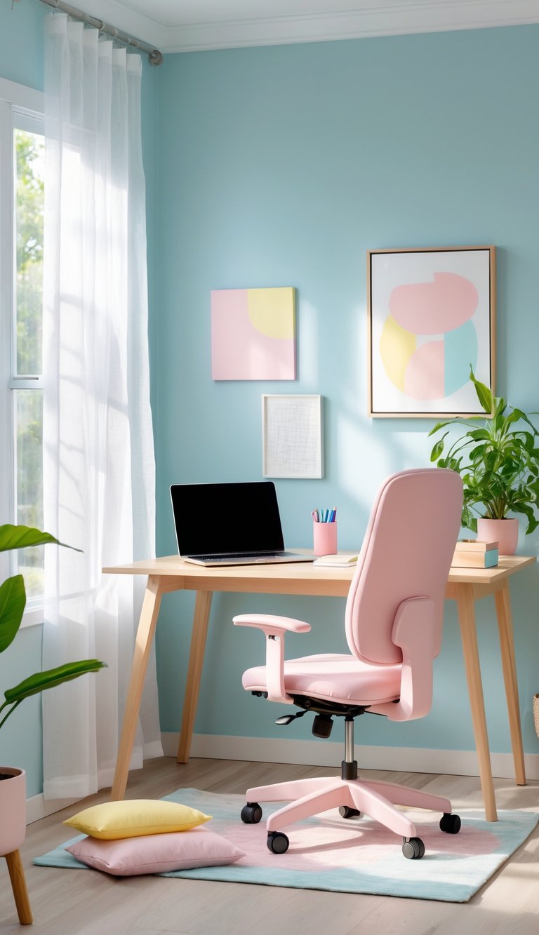 A bright home office with a wooden desk, laptop, pastel pink chair, potted plant, and natural light from a large window.
