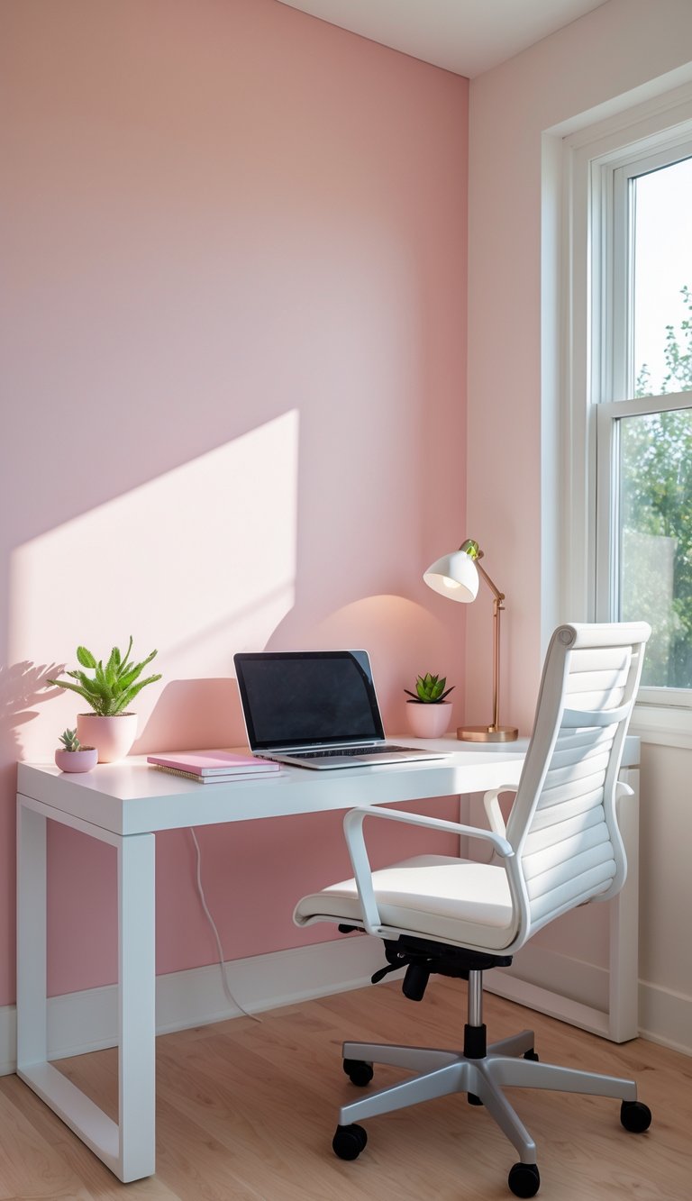 A home office with a soft pink accent wall, a white desk with a laptop, an ergonomic chair, a small plant, and natural light coming through a window.