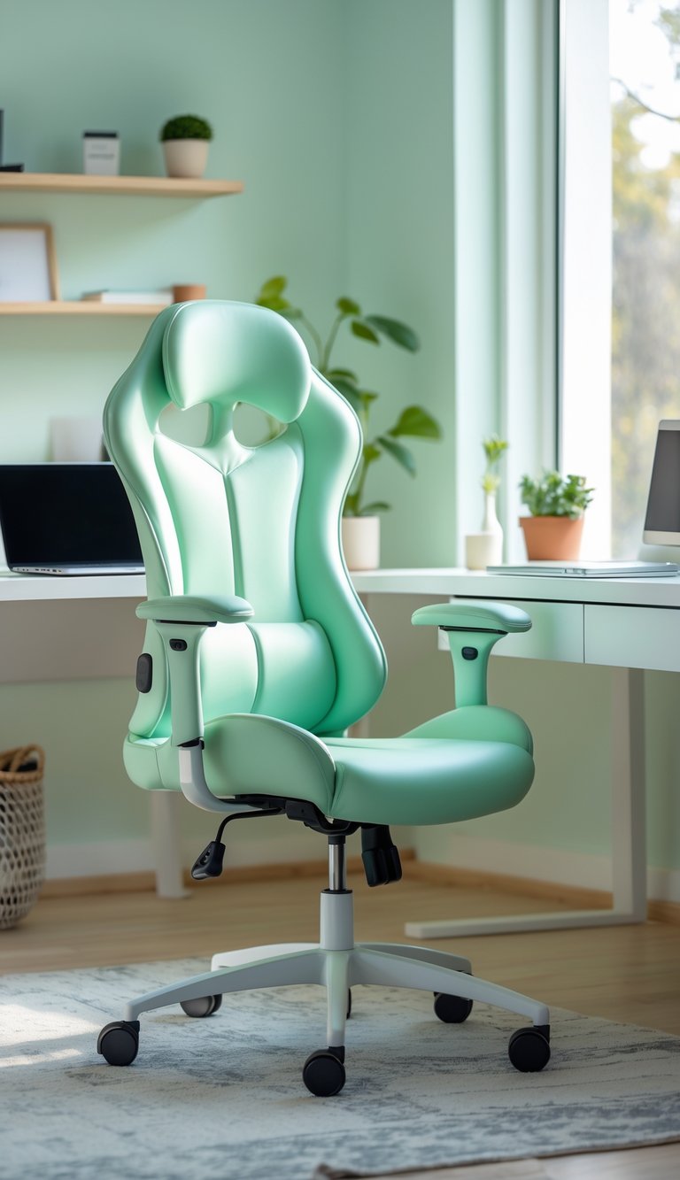 Mint green ergonomic office chair in a bright home office with a white desk and soft pastel decor.