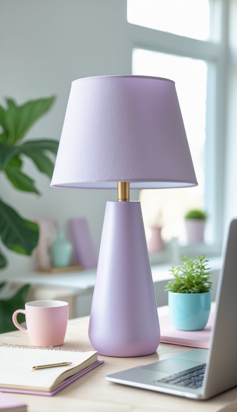 A pastel lavender desk lamp on a tidy home office desk with a laptop, notebook, plant, and coffee cup.