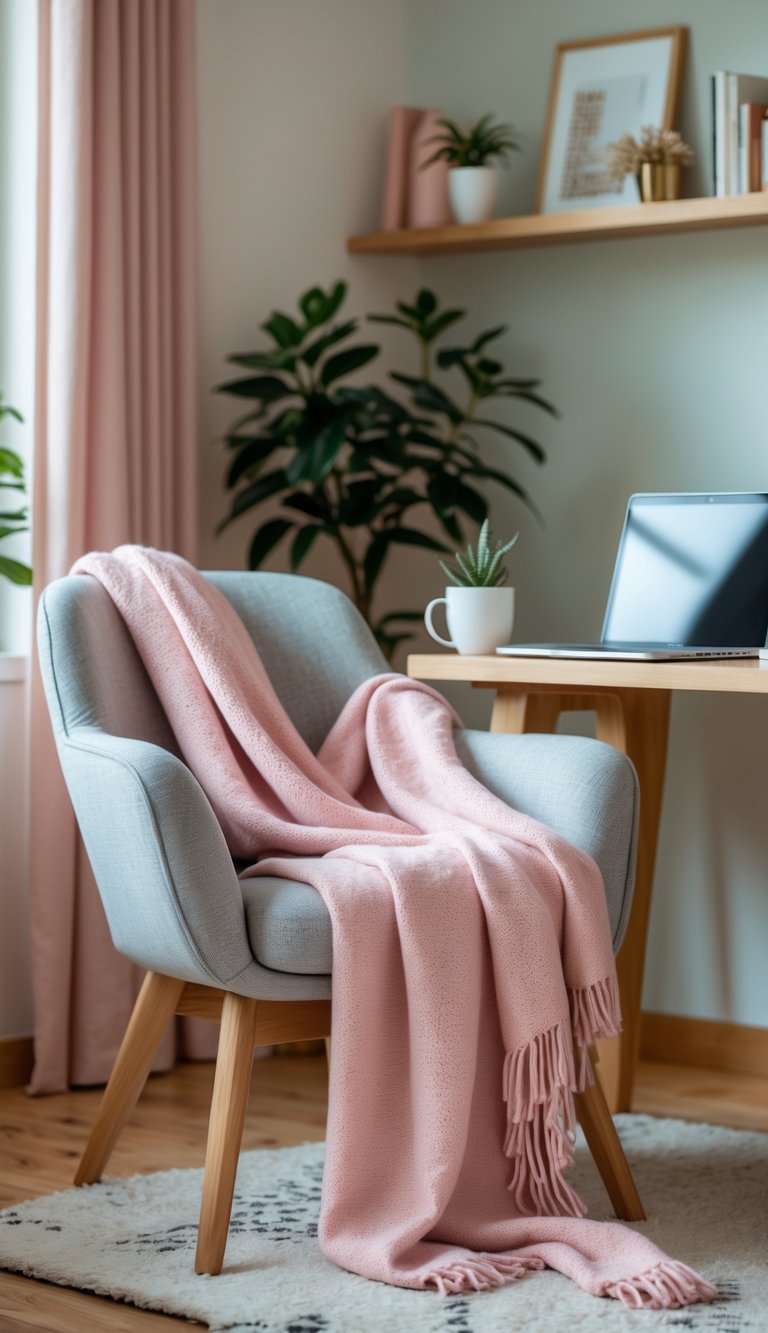 A cozy home office corner with a blush pink throw blanket on an armchair next to a wooden desk with a plant and coffee cup.