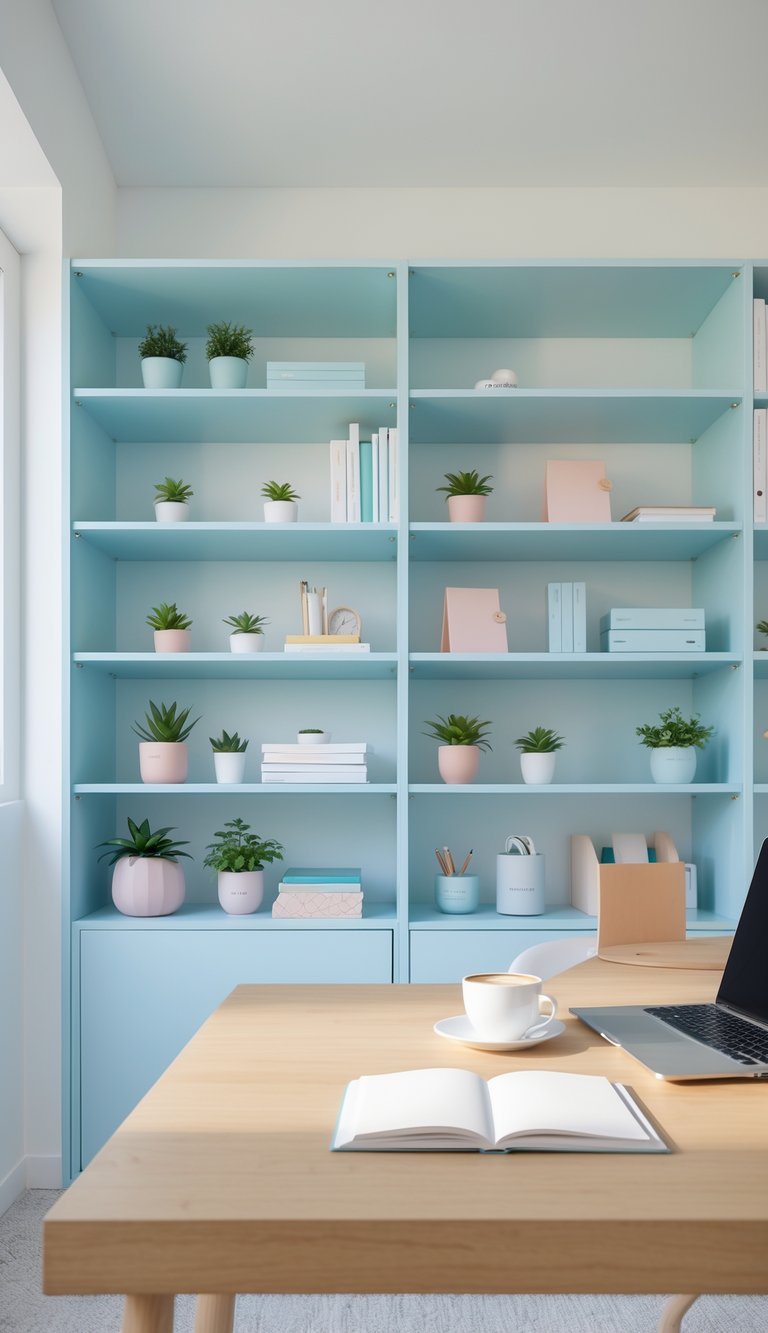 A home office with light blue shelves holding plants, books, and office supplies next to a wooden desk with a laptop and coffee cup.