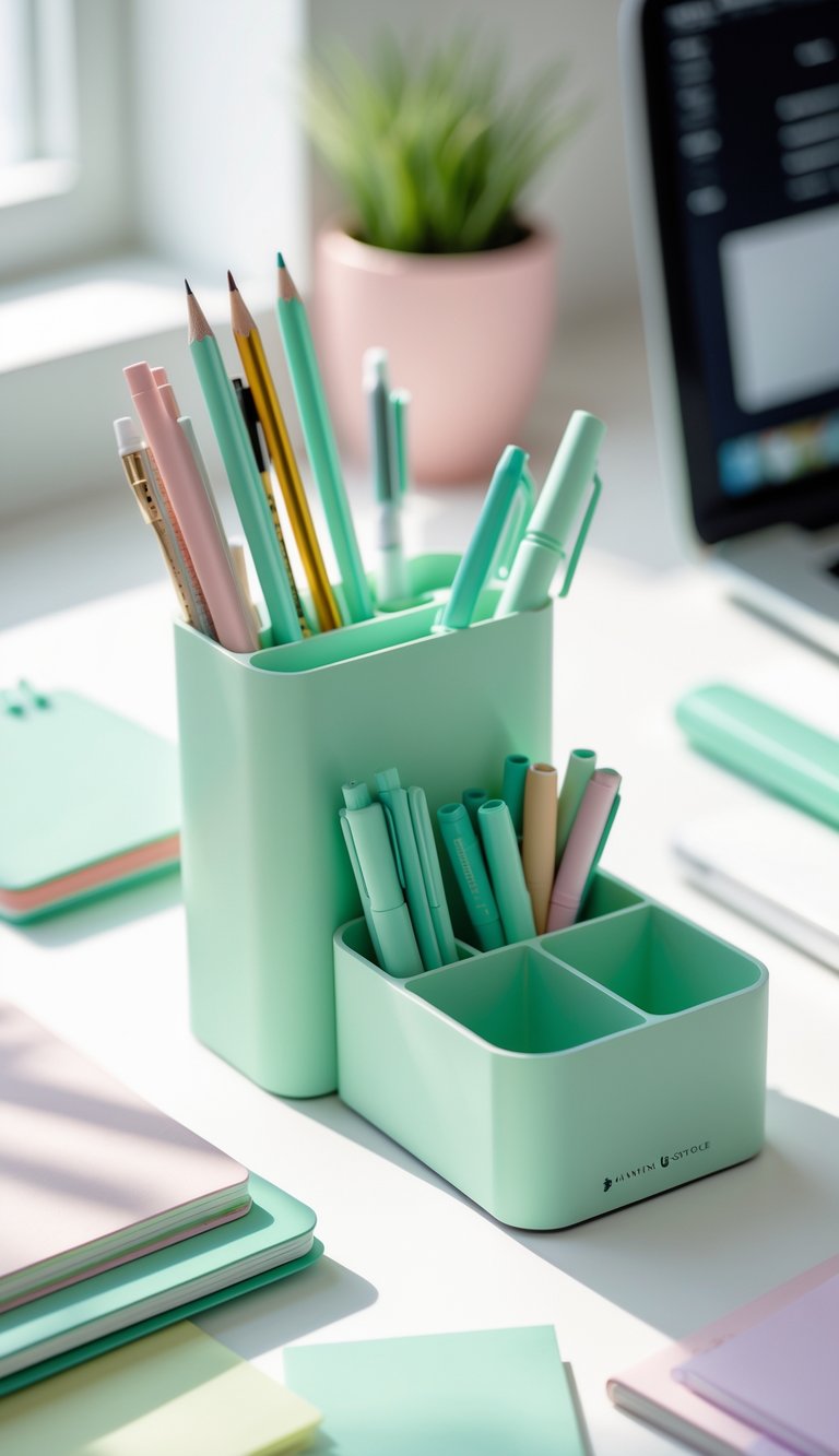 A clean white desk with mint green pen and pencil holders filled with writing instruments, alongside pastel-colored office supplies and a laptop.