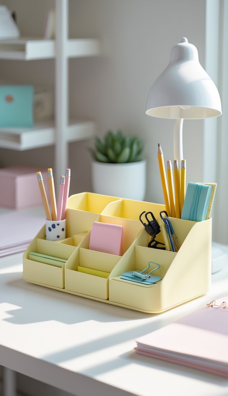 A pastel yellow desk organizer holding office supplies on a tidy home office desk with a plant and lamp in the background.
