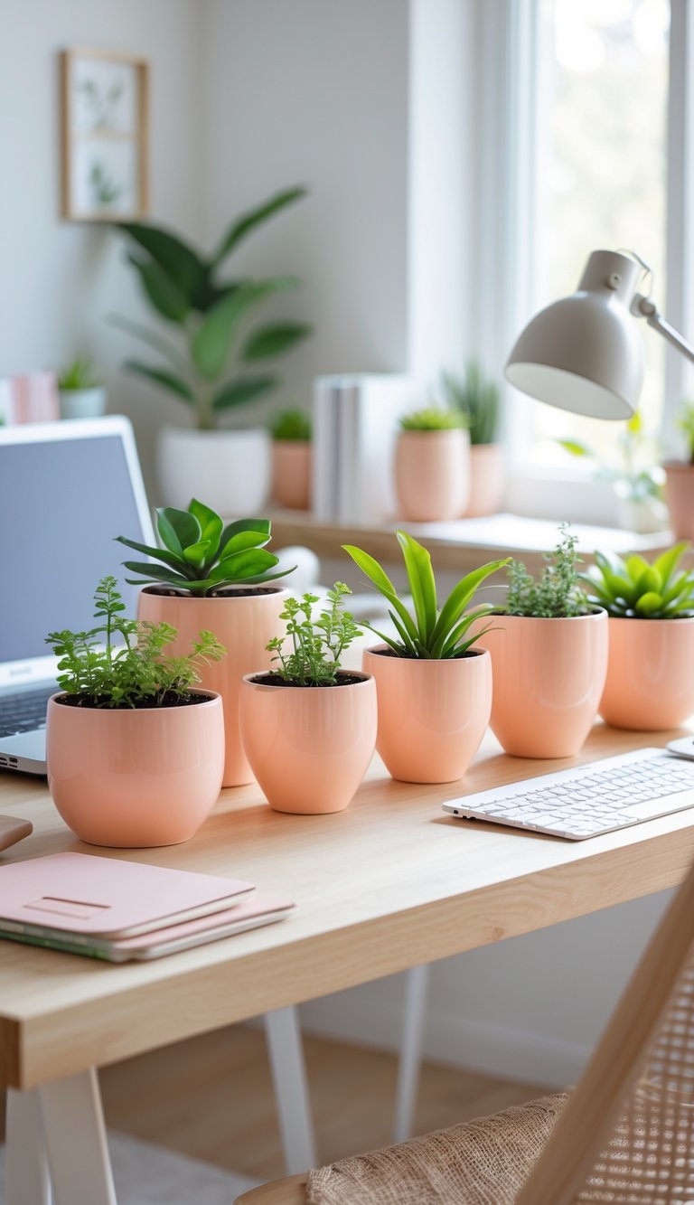 A bright home office desk with peach-colored ceramic plant pots holding green houseplants, surrounded by office supplies.
