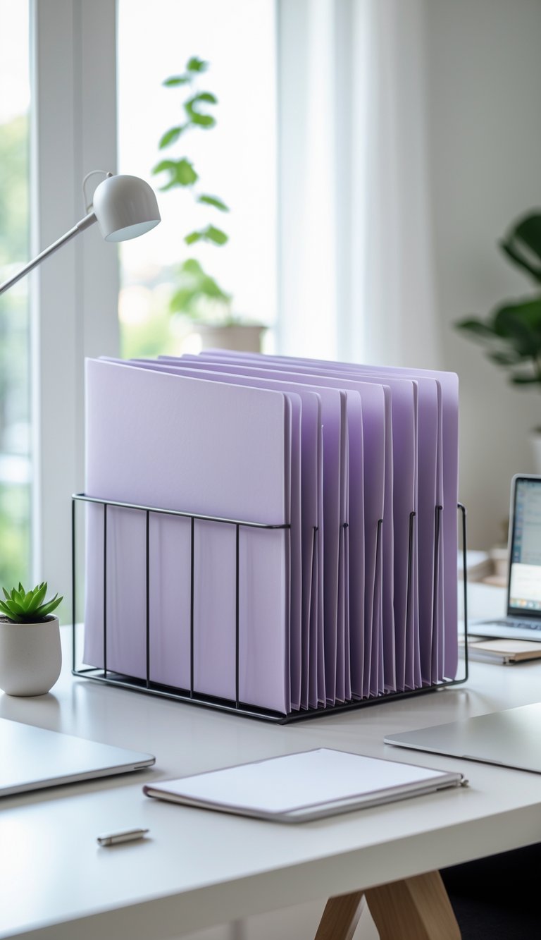 A home office desk with 18 pastel purple file folders neatly arranged in a desktop organizer alongside a laptop, desk lamp, plant, and stationery.