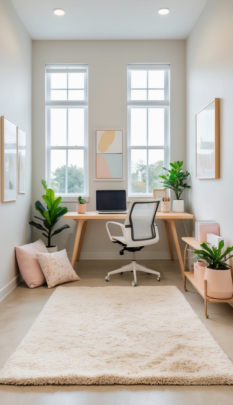 A bright home office with a beige area rug, wooden desk, chair, laptop, and plants.