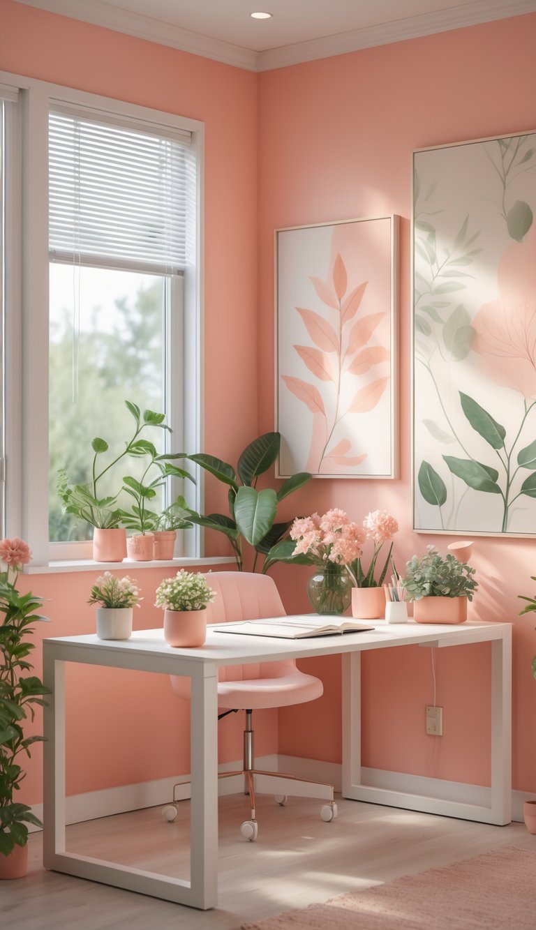 A bright home office with a desk, plants, and nature-themed decorations in soft coral and pastel colors.