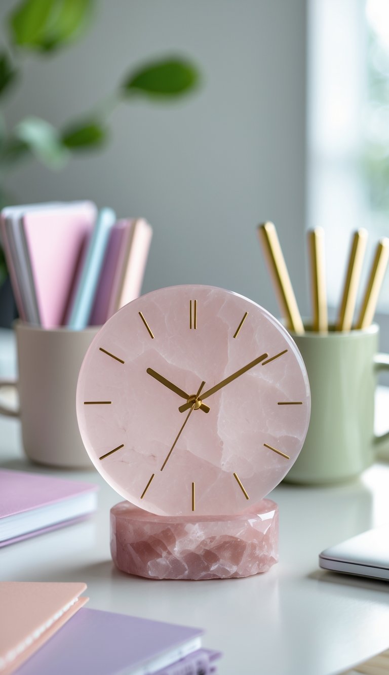 A rose quartz desk clock on a white desk surrounded by pastel-colored office supplies and a small plant in a bright home office.
