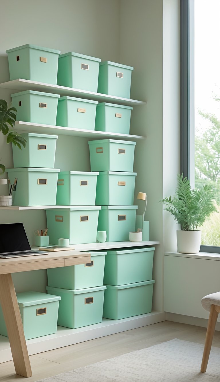 Stacked pastel green storage boxes arranged neatly on shelves in a tidy home office with a desk and plant nearby.