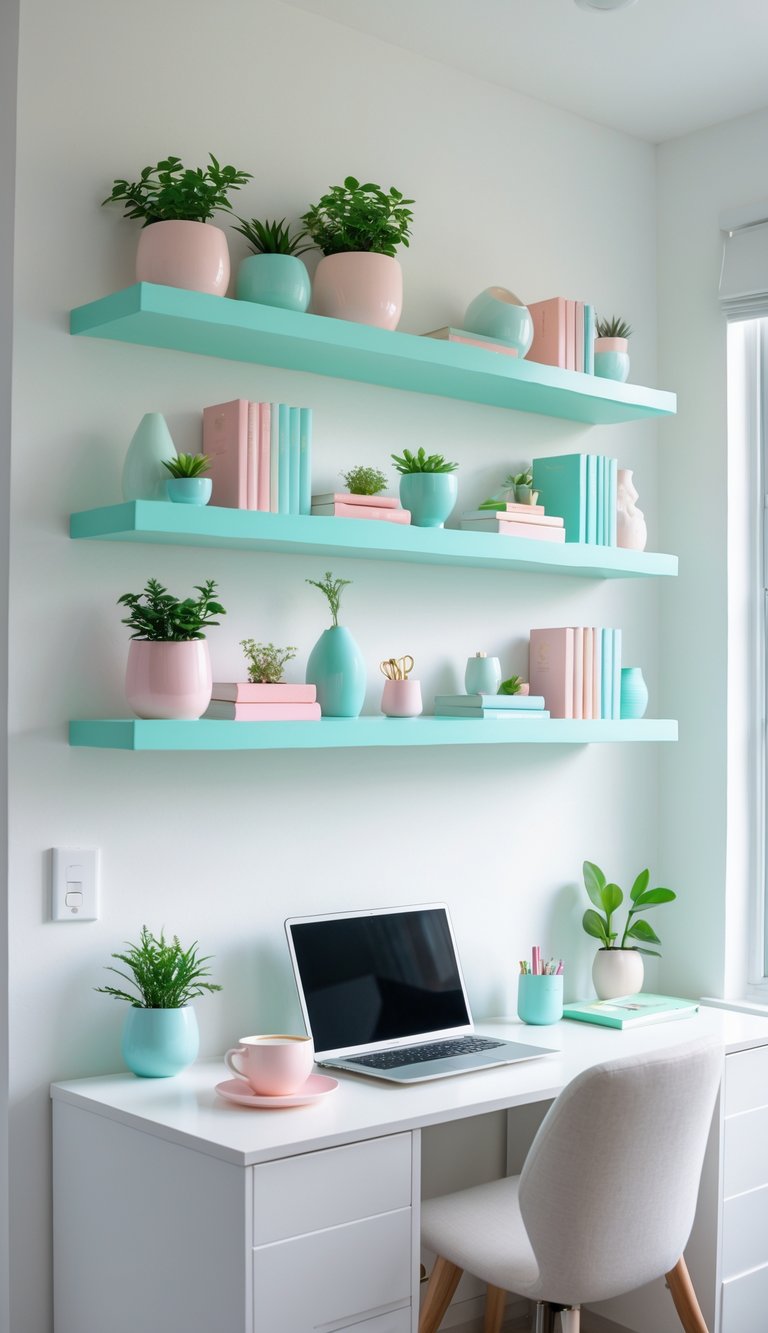 A home office with soft turquoise floating shelves holding plants, books, and decorative items above a white desk with a laptop and coffee cup.