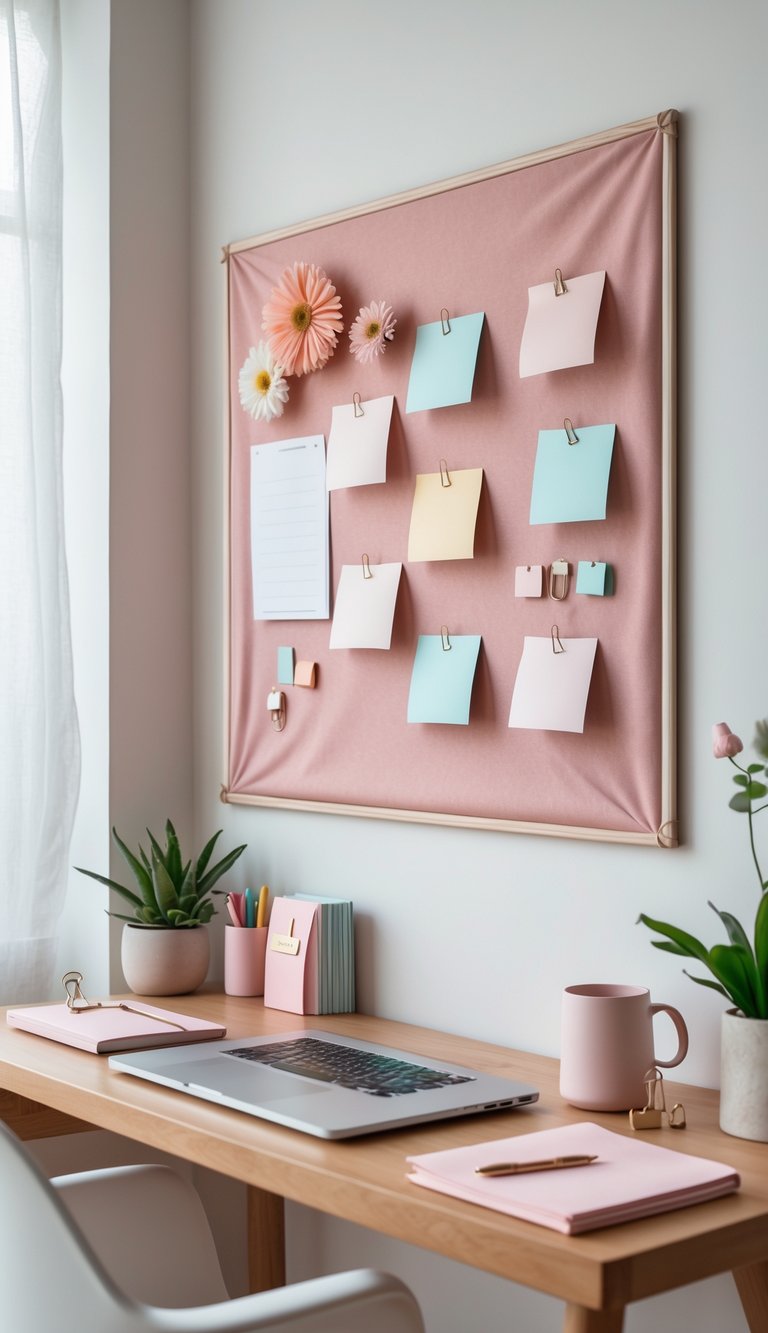 A blush pink fabric bulletin board on a wall above a wooden desk with a laptop, plant, and office supplies in a home office.