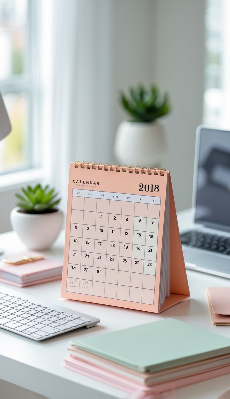 A pastel peach desk calendar open to the 18th day on a tidy home office desk with a laptop, keyboard, plant, and notebooks.