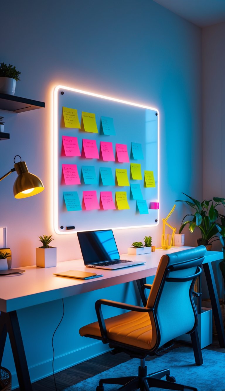 A home office with a glowing neon whiteboard covered in colorful sticky notes, a desk with a laptop and lamp, and plants in the background.