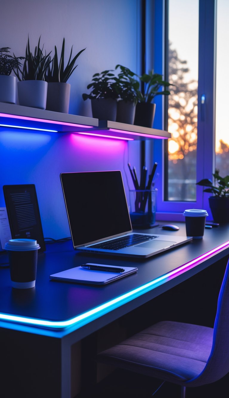 A modern home office desk with colorful LED strip lights glowing around its edges, a laptop, notebook, and coffee cup on the desk, with shelves and a window in the background.