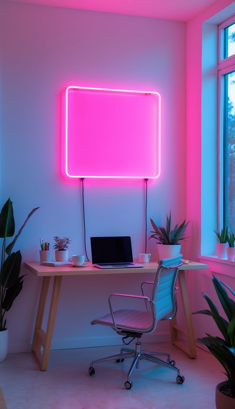 A modern home office with a glowing pink neon sign on the wall, a wooden desk with a laptop, a chair, plants, and natural light coming through a window.