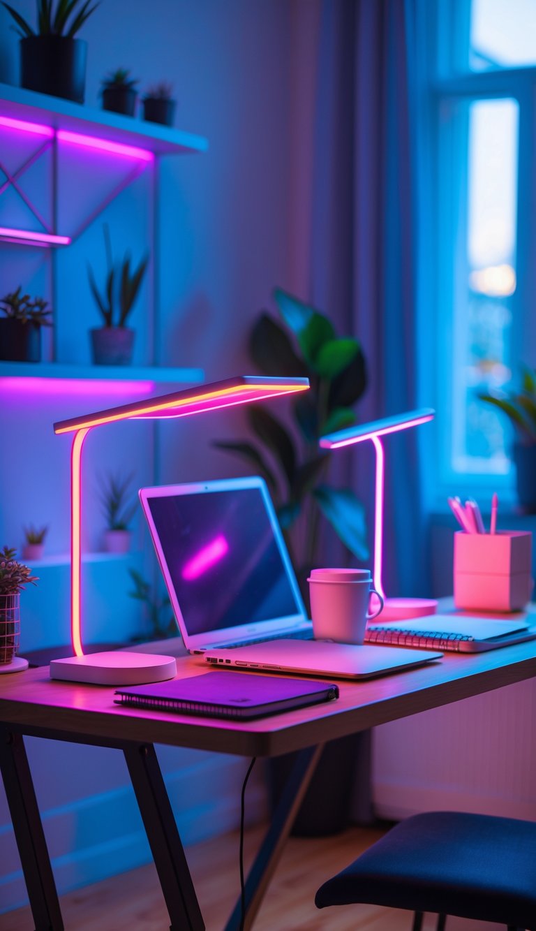 A tidy home office desk with glowing neon desk lamps, a laptop, notebooks, and plants in a bright, inviting room.