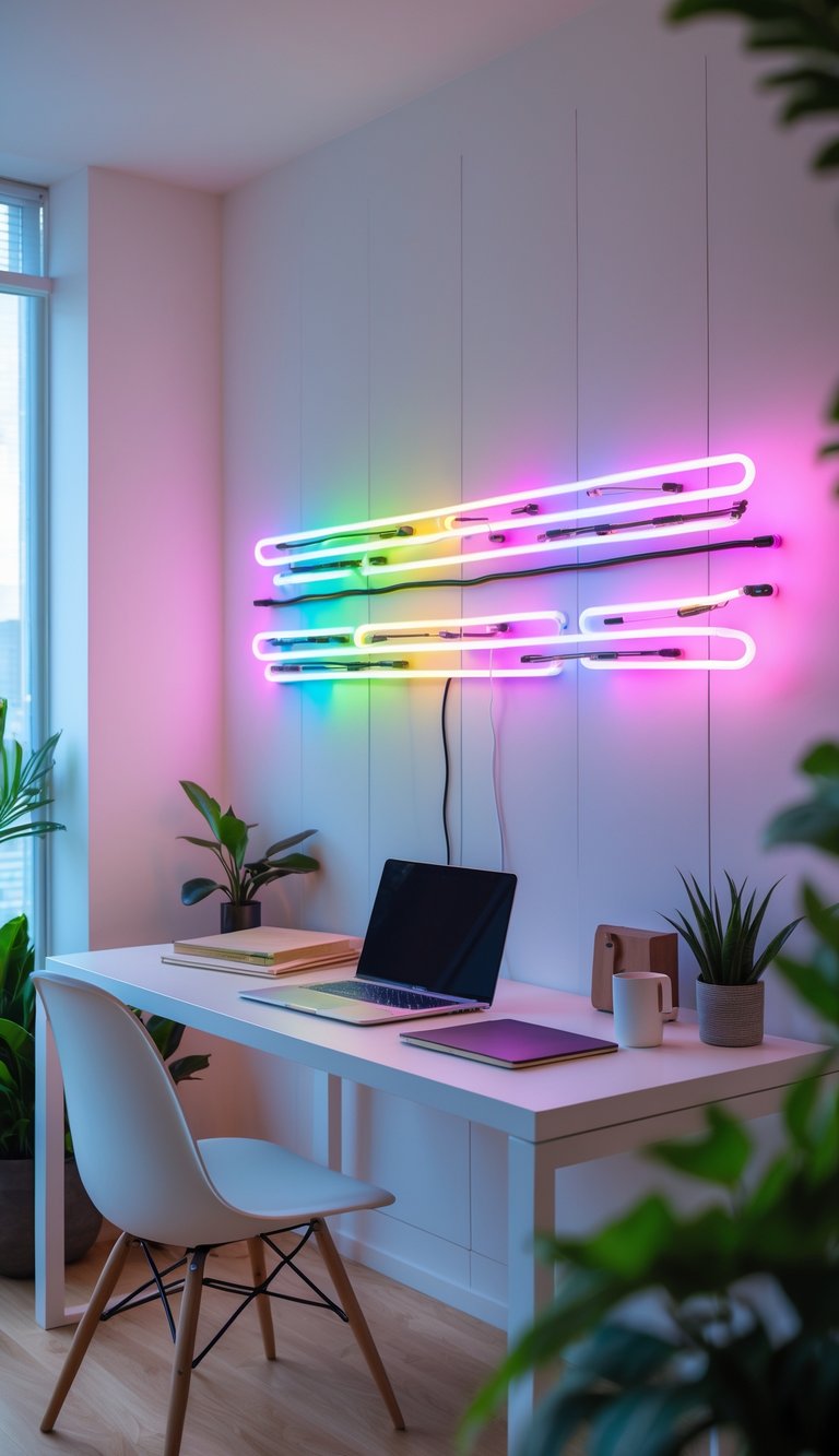 A home office with a desk, laptop, plants, and colorful neon wall art glowing on the wall behind.