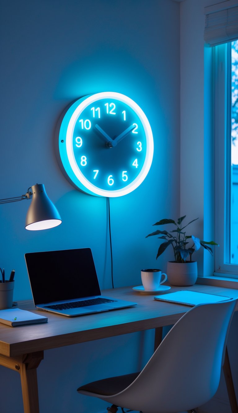 A home office workspace with a glowing neon clock above the desk, a laptop, notebook, coffee cup, and a small plant.