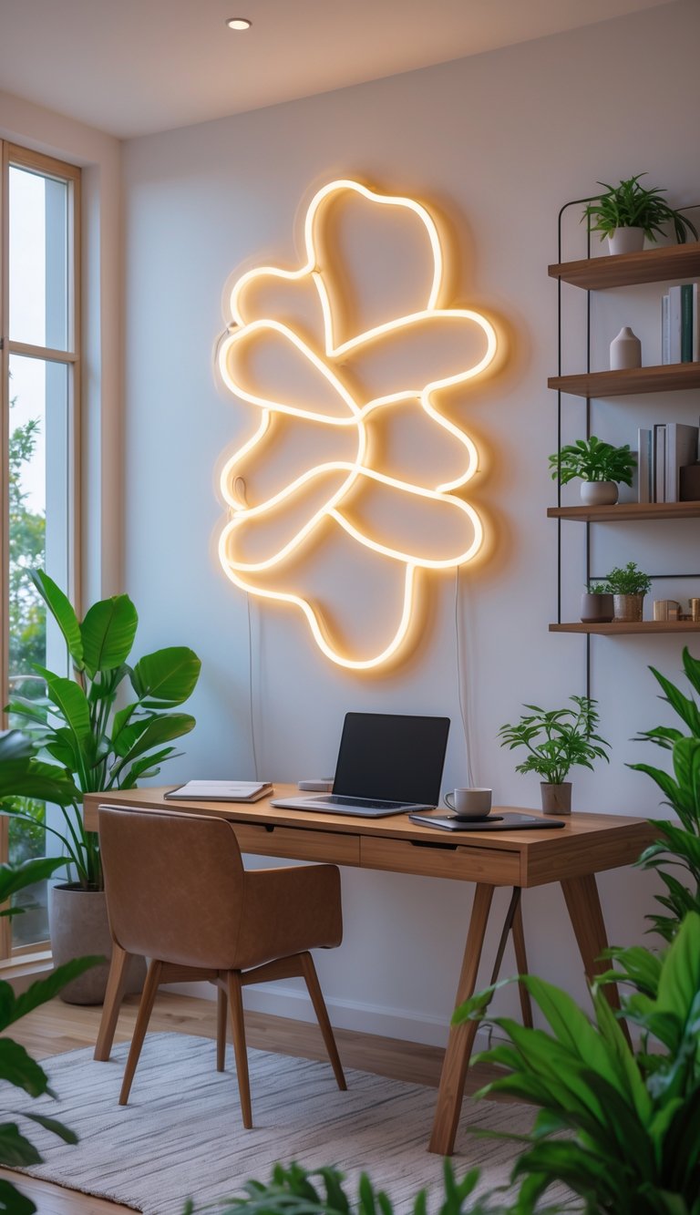 A bright home office with a glowing neon sign, a wooden desk with a laptop and coffee, green plants, and organized shelves.