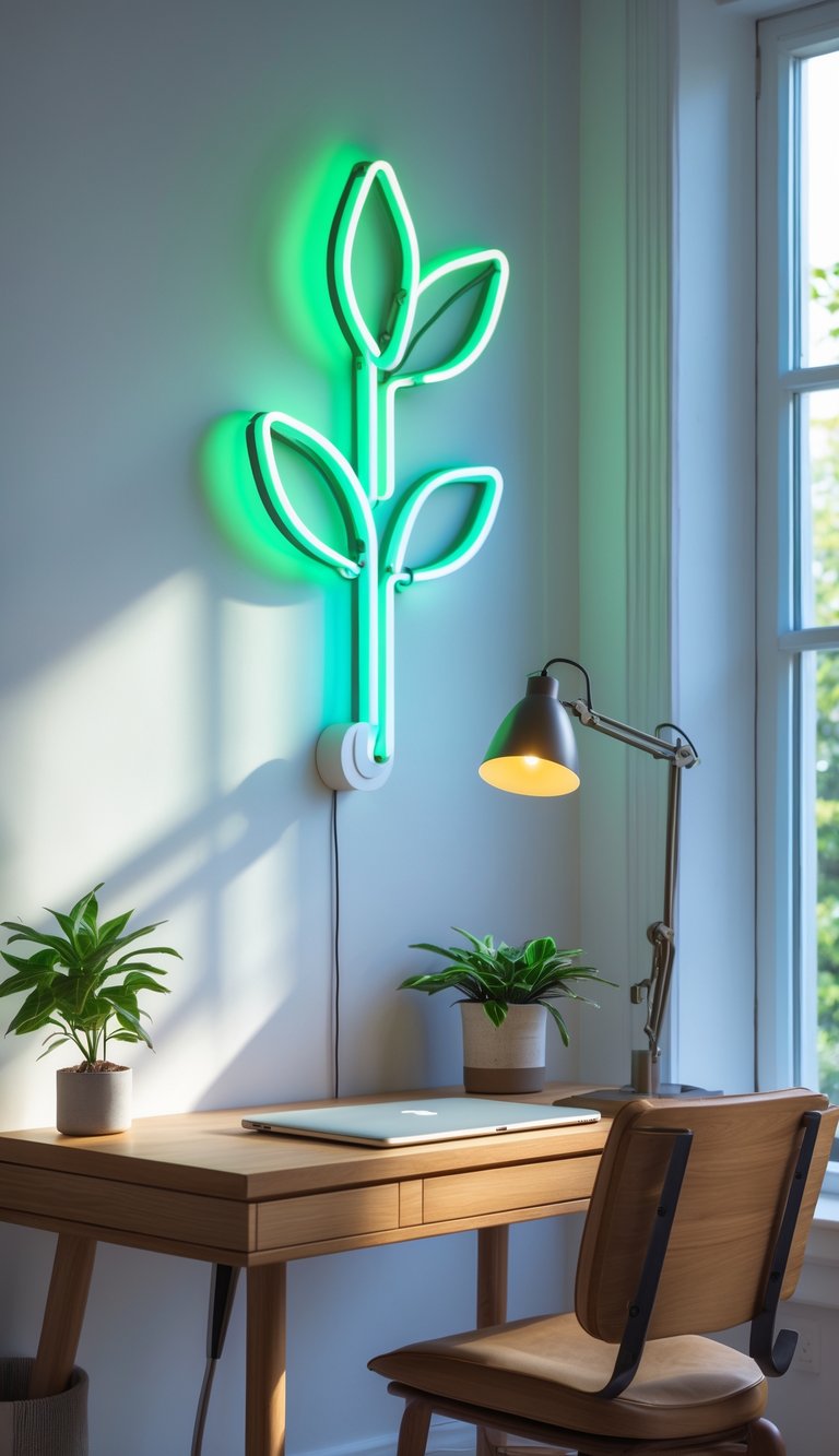 A modern home office with a glowing neon plant-shaped wall light above a wooden desk with a laptop and a small plant.