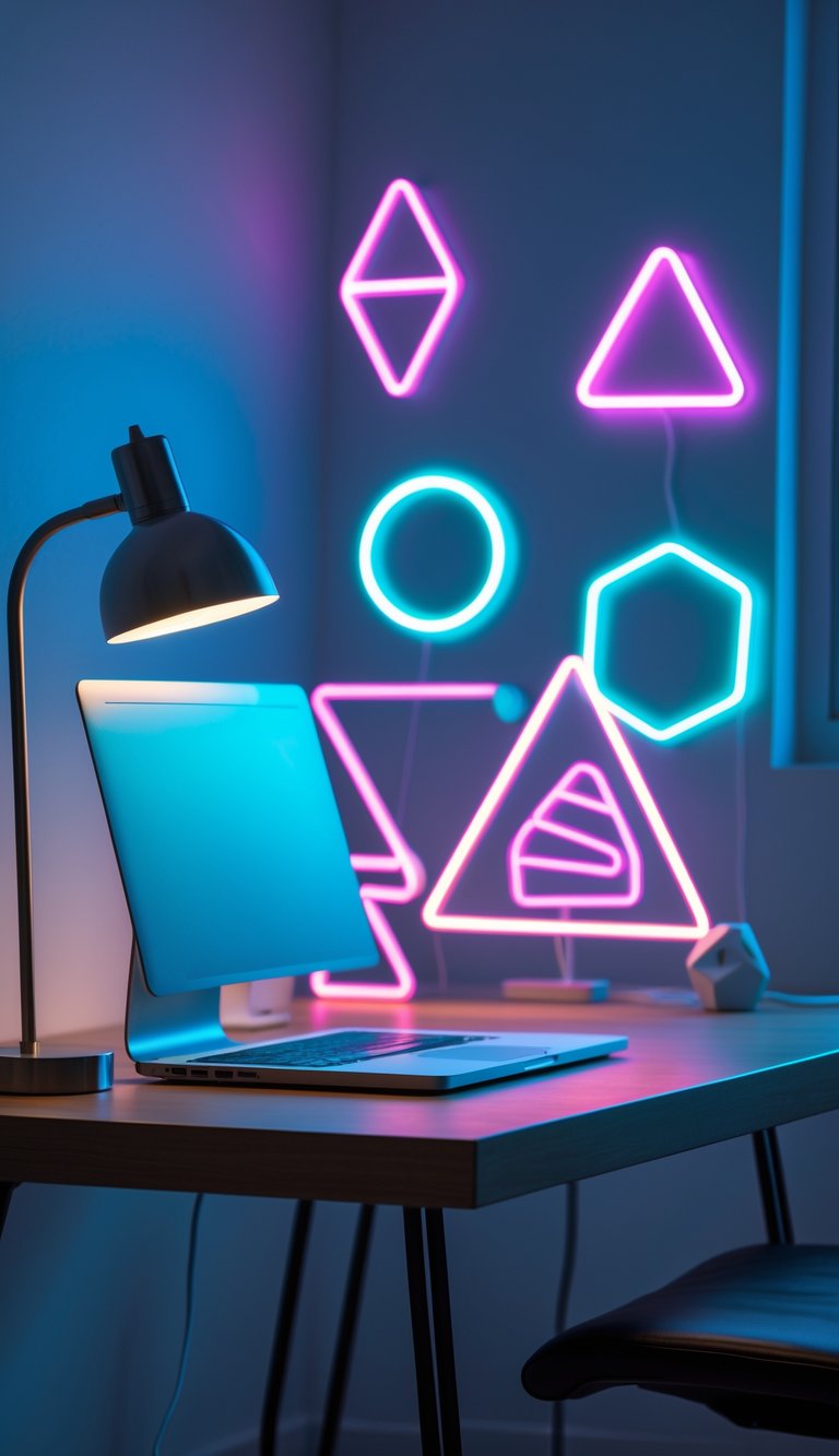 A home office desk with glowing neon geometric shapes as decorations, a laptop, and a desk lamp in a clean, organized room.