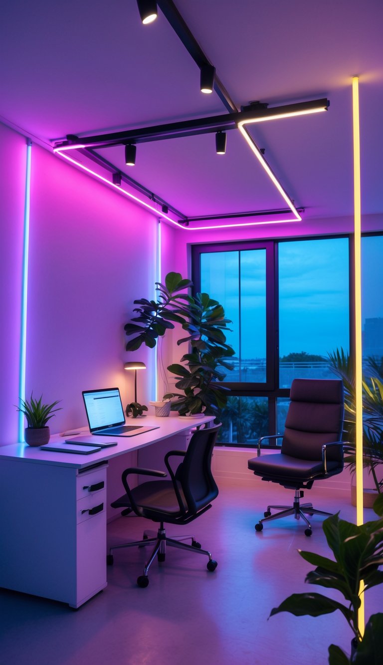 A modern home office with track lighting and colorful neon accent lights illuminating a clean desk with a laptop, chair, plants, and a window.