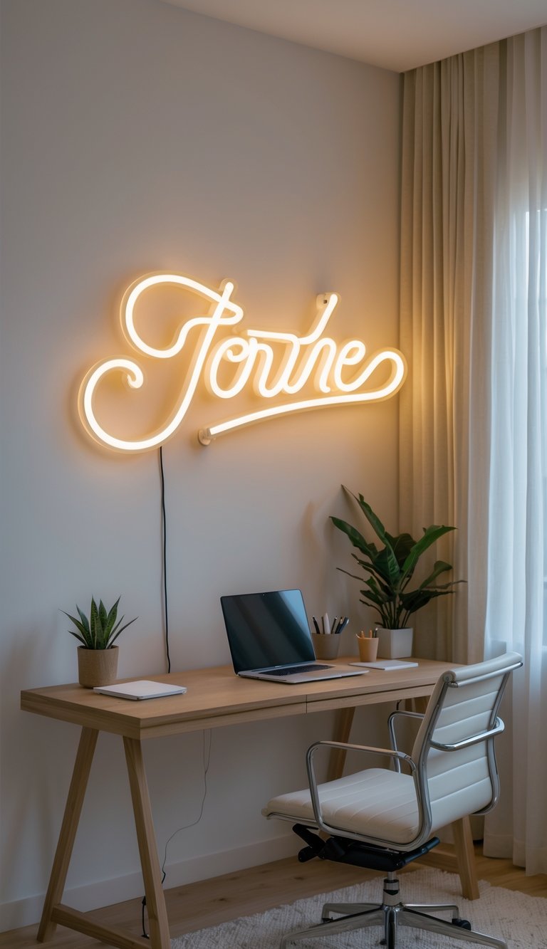 A modern home office with a glowing neon sign on the wall, a wooden desk with a laptop, a plant, and a chair near a window.