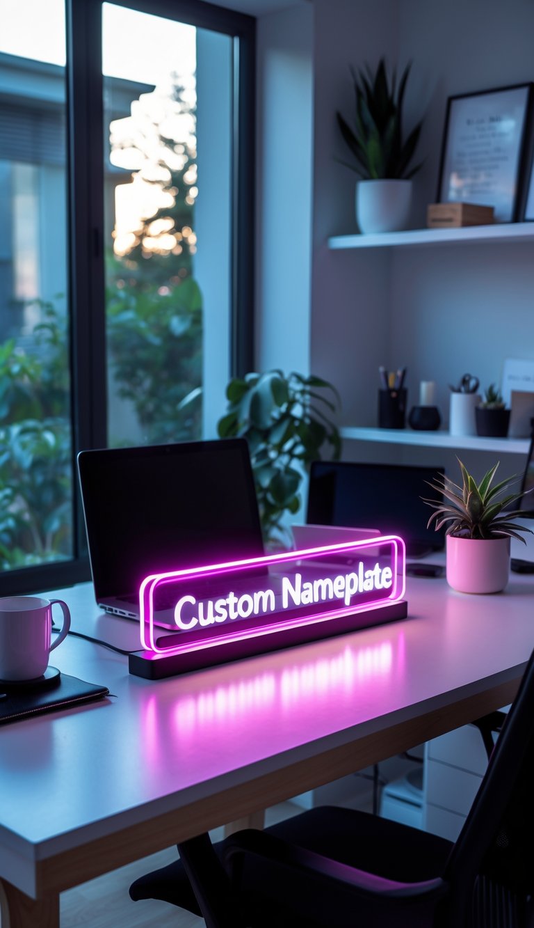 A bright home office with a glowing neon nameplate on a desk surrounded by office supplies, plants, and decor.