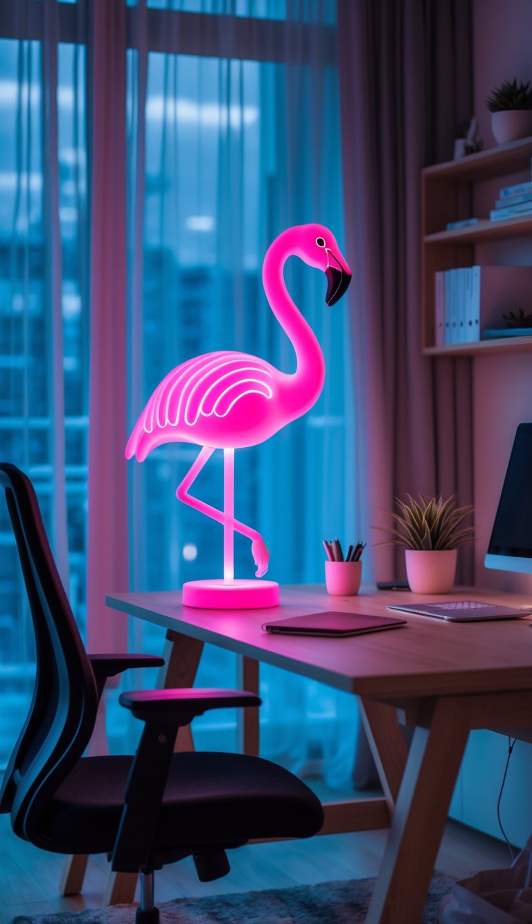 A modern home office with a glowing neon flamingo lamp on a desk surrounded by a laptop, chair, and plants.
