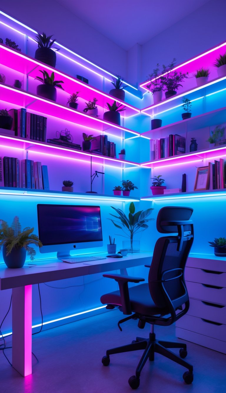 A modern home office with shelves outlined by colorful neon lights, containing books and plants, and a desk with a computer.