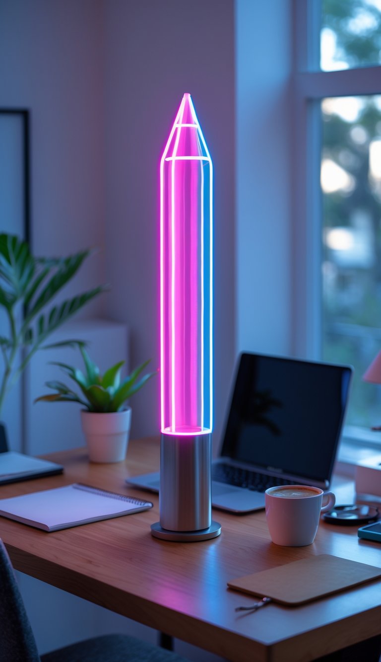 A home office desk with a glowing neon pencil-shaped lamp, laptop, notebook, coffee cup, and a small plant near a window.