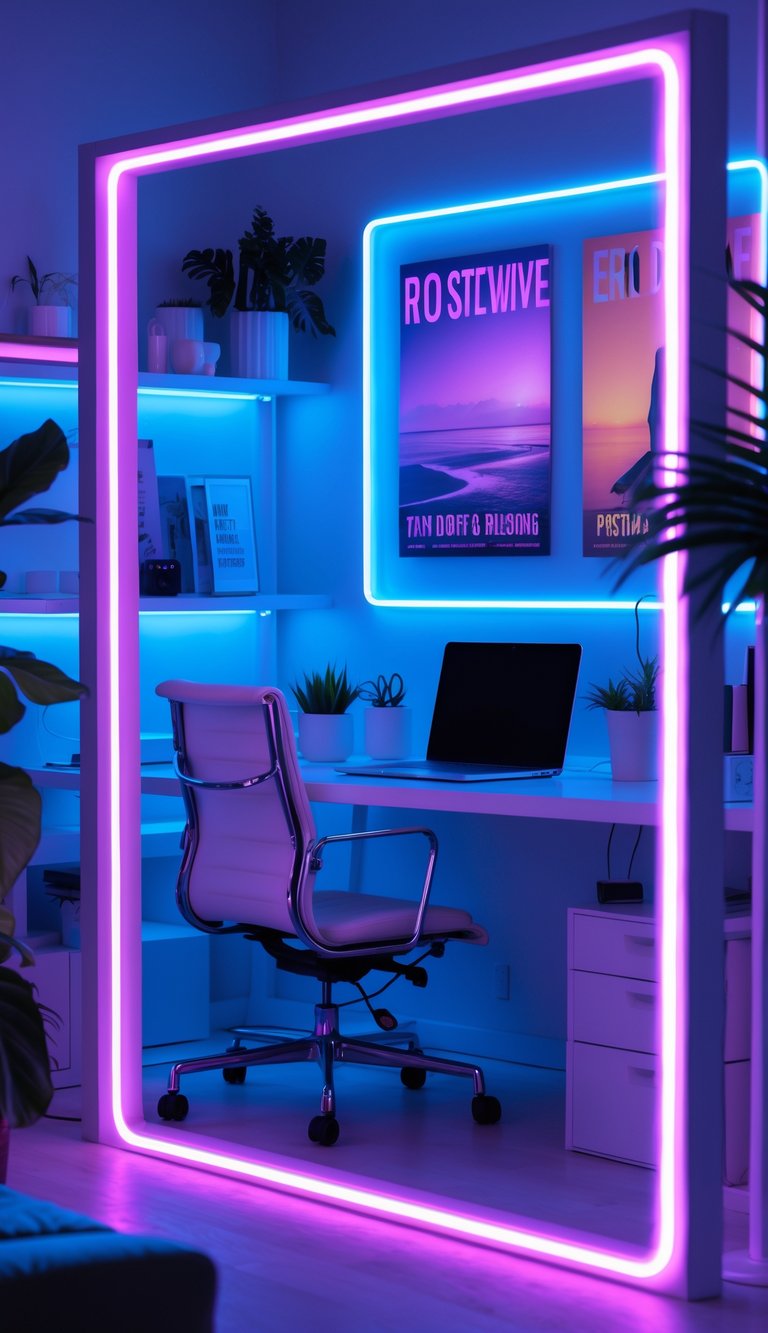 A modern home office with a desk, laptop, chair, and neon tube lights framing the walls, creating a colorful glowing atmosphere.