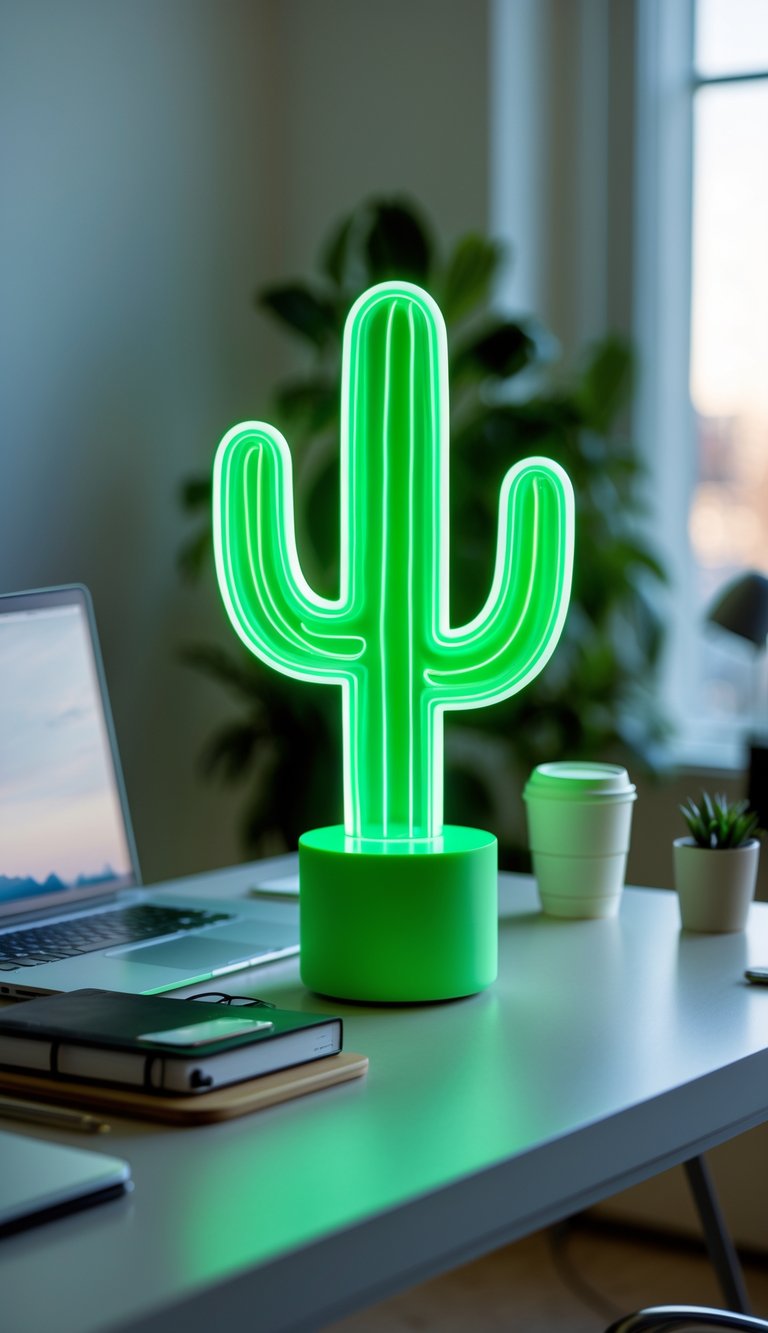 A home office desk with a glowing neon cactus lamp, laptop, notebook, and coffee cup in a bright, tidy workspace.