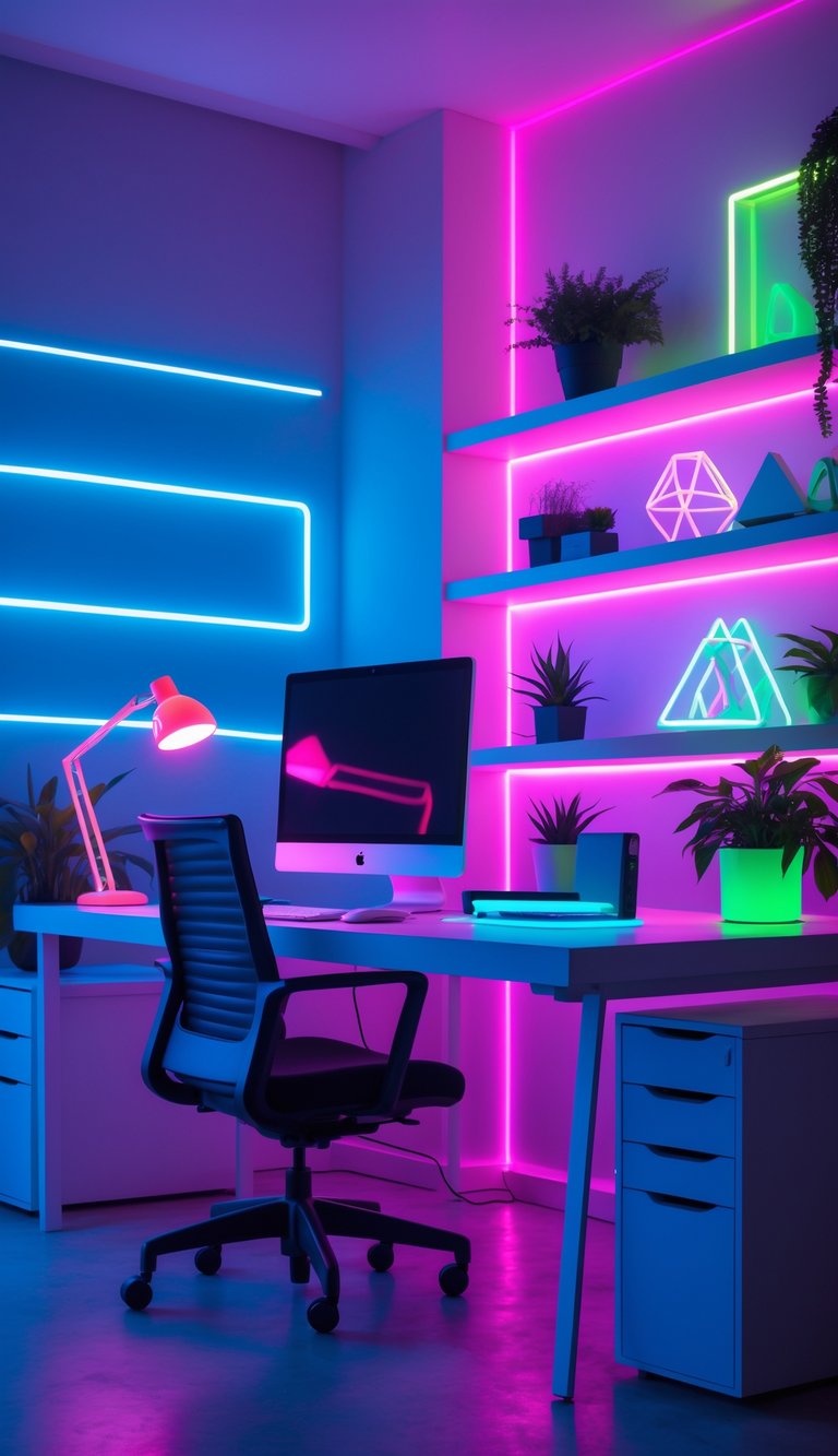 A modern home office with a desk, computer, shelves, and neon lights creating a bright and colorful workspace.