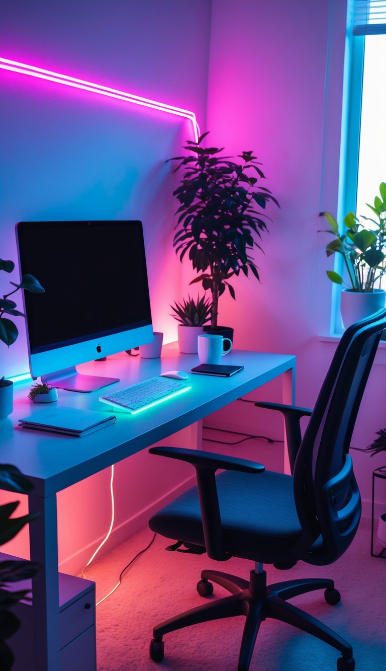 A home office with a desk, computer, ergonomic chair, and a glowing neon light strip that changes colors, surrounded by plants and office supplies.