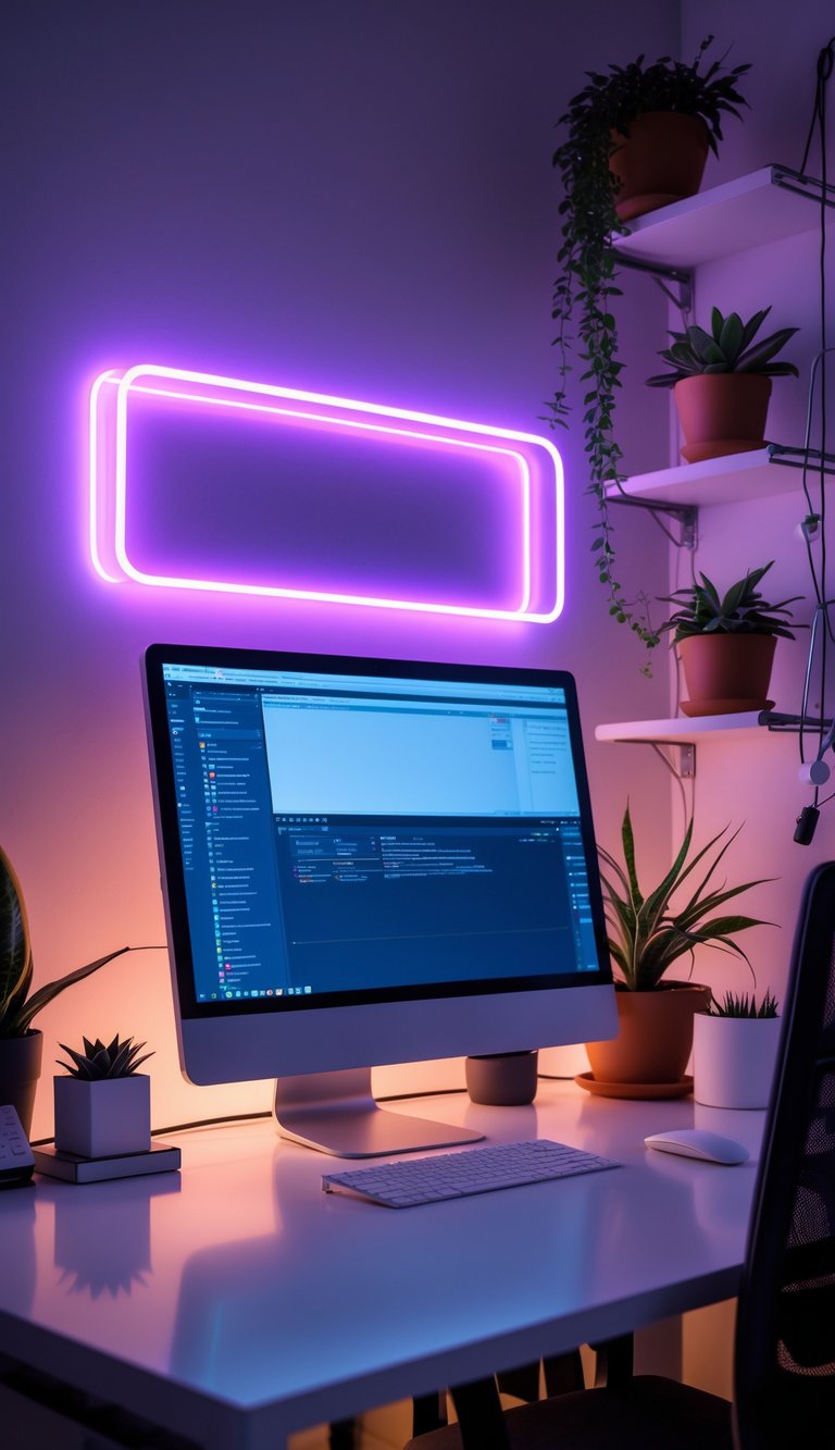A home office with a computer monitor on a clean desk and a glowing neon light sign above it, surrounded by plants and office accessories.