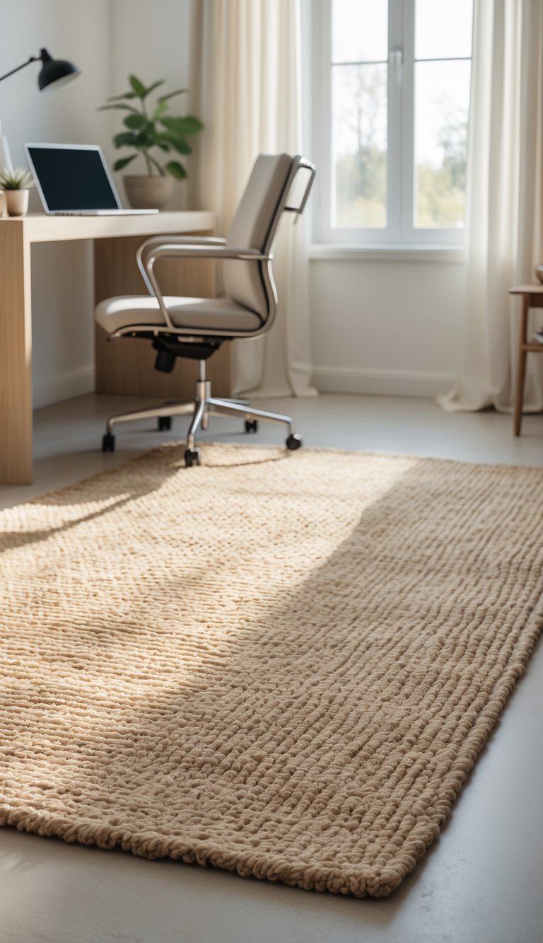 A calm home office with a beige jute rug, wooden desk, ergonomic chair, and a small plant by a window.