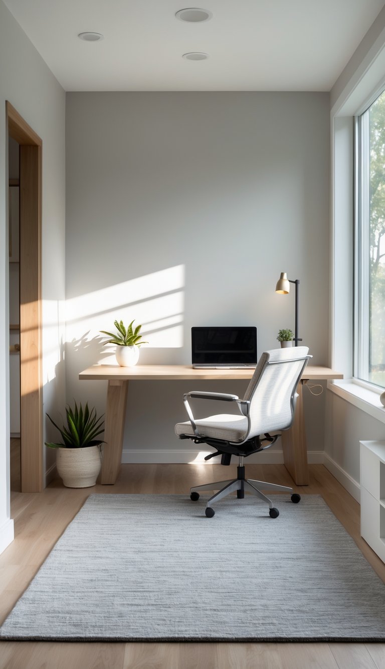 A calm home office with a light gray wool rug, wooden desk, laptop, ergonomic chair, and a small plant near a window with natural light.