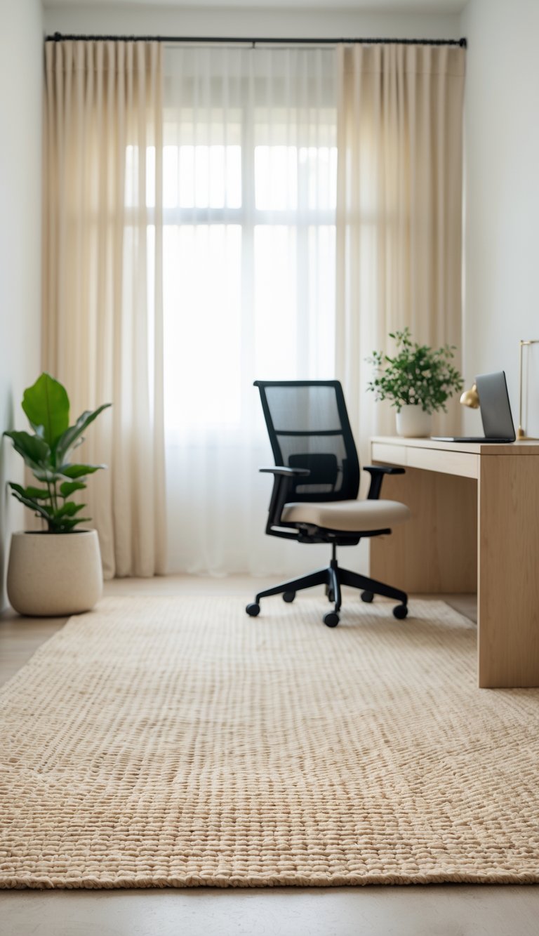 A calm home office with a cream-colored woven rug, wooden desk, ergonomic chair, laptop, and a small plant by a window with soft natural light.