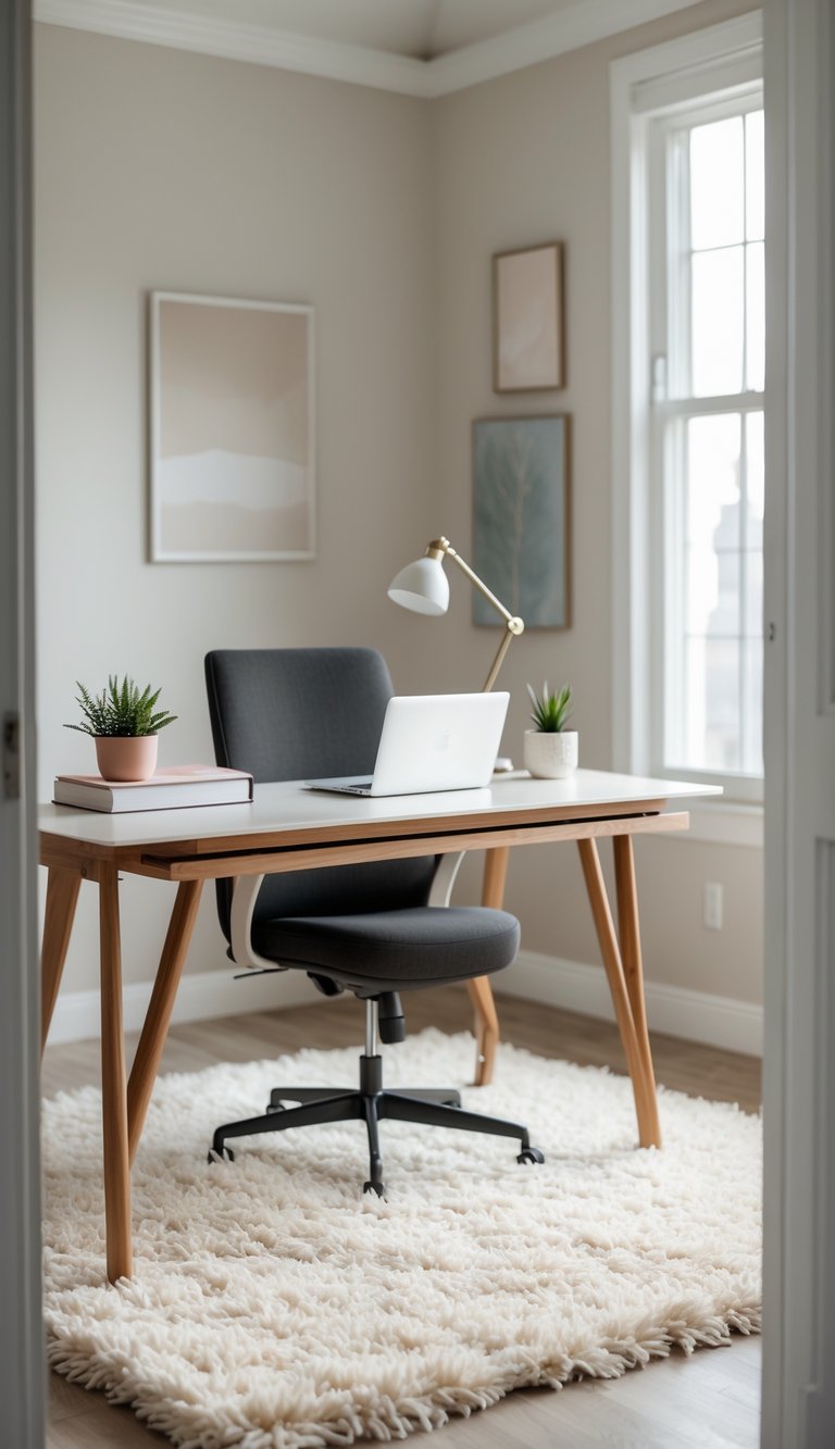 A calm home office with an off-white shag rug, wooden desk, laptop, chair, and a small plant.