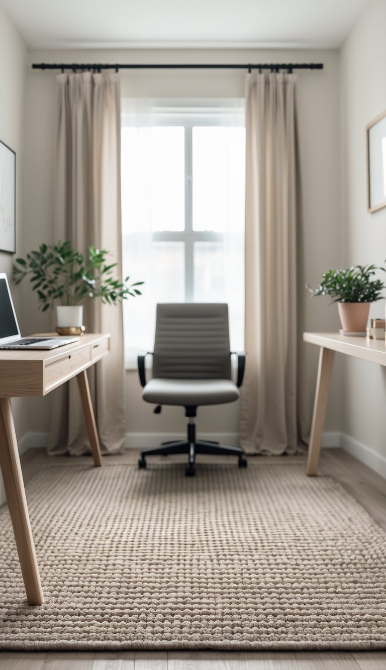 A calm home office with a taupe woven rug, wooden desk, laptop, plant, and an ergonomic chair in natural light.