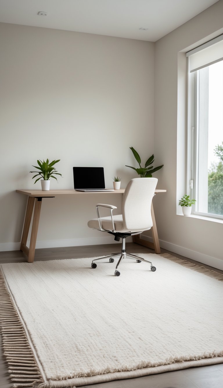 A calm home office with a wooden desk, laptop, ergonomic chair, potted plant, and an ivory flatweave rug on the floor.